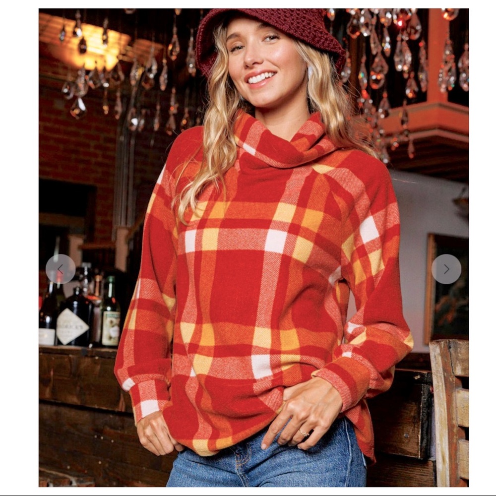 #11 Boho Beautiful Cowl Mock Neck Check Top